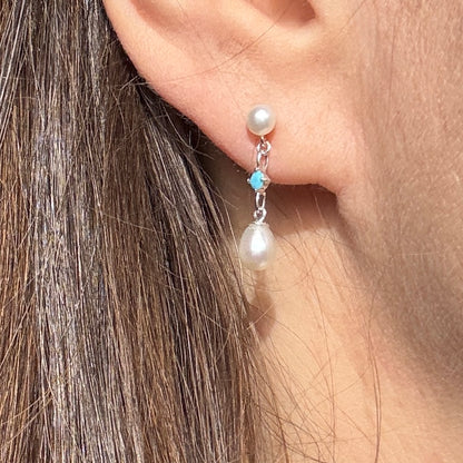 Pearl Stud Earrings, Turquoise Freshwater Pearl Earrings, Silver Earrings