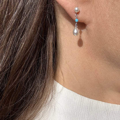 Pearl Stud Earrings, Turquoise Freshwater Pearl Earrings, Silver Earrings