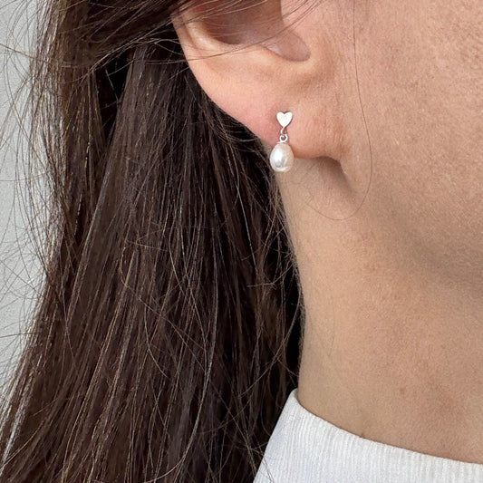 Pearl Stud Earrings, Freshwater Pearl Earrings, Heart Silver Earrings