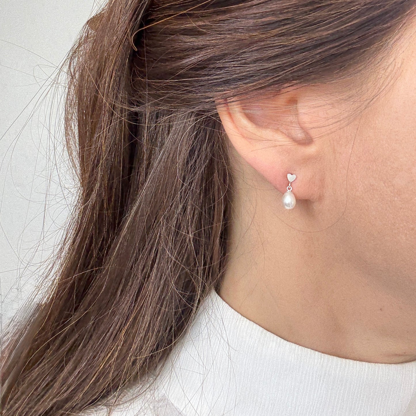 Pearl Stud Earrings, Freshwater Pearl Earrings, Heart Silver Earrings