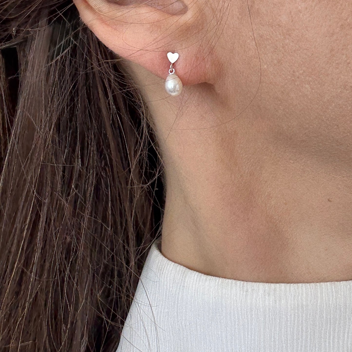 Pearl Stud Earrings, Freshwater Pearl Earrings, Heart Silver Earrings