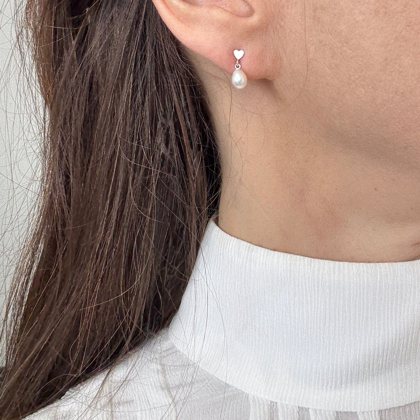 Pearl Stud Earrings, Freshwater Pearl Earrings, Heart Silver Earrings