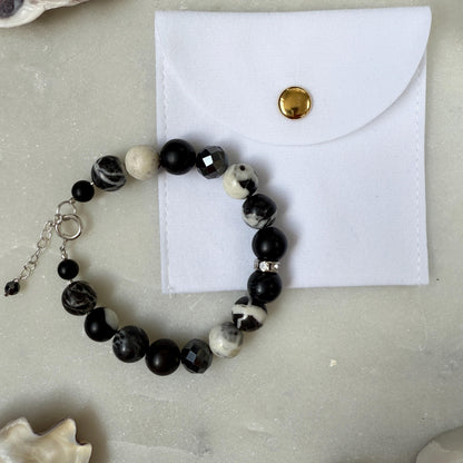 Zebra Jasper Hematite Beaded Bracelet in Sterling Silver