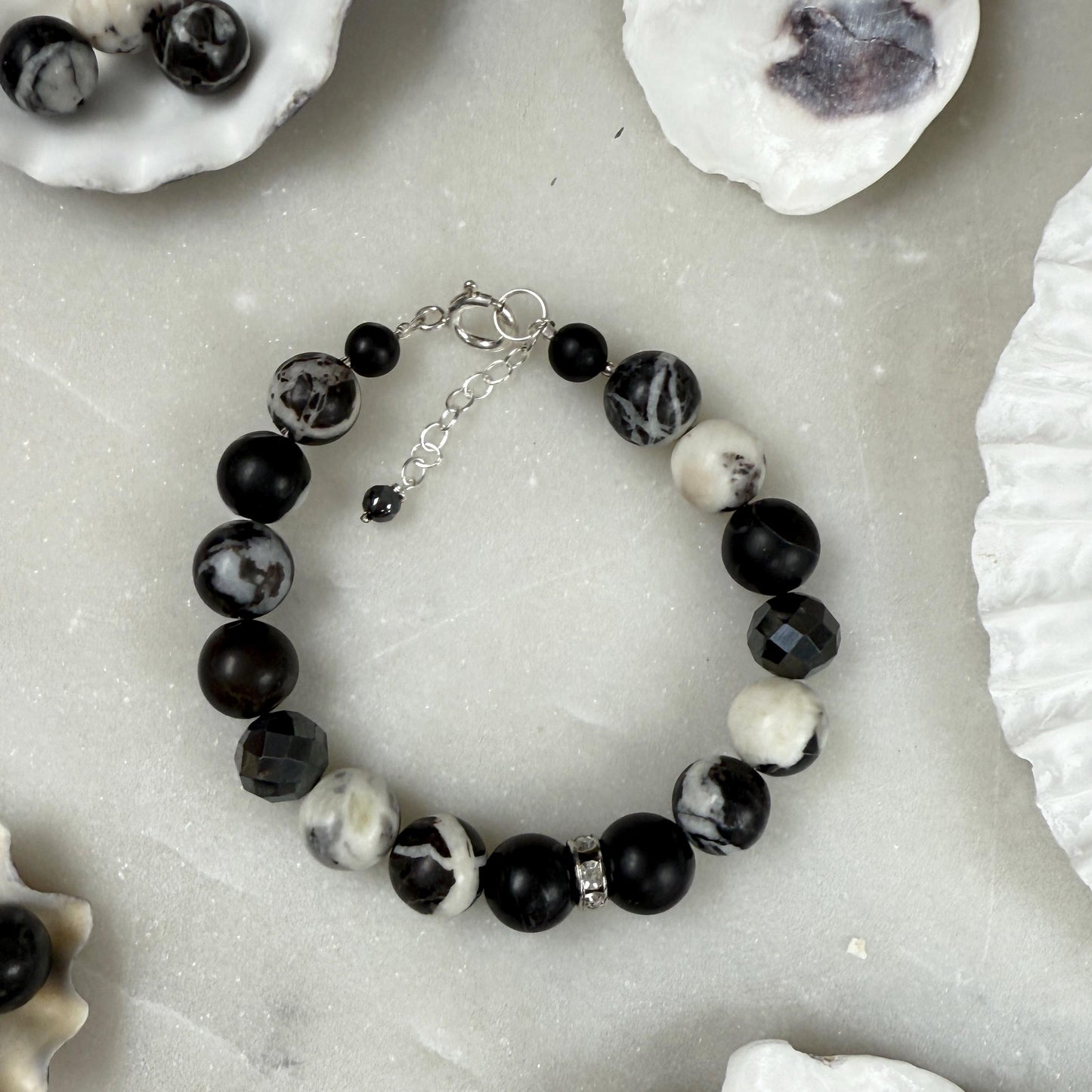 Zebra Jasper Hematite Beaded Bracelet in Sterling Silver