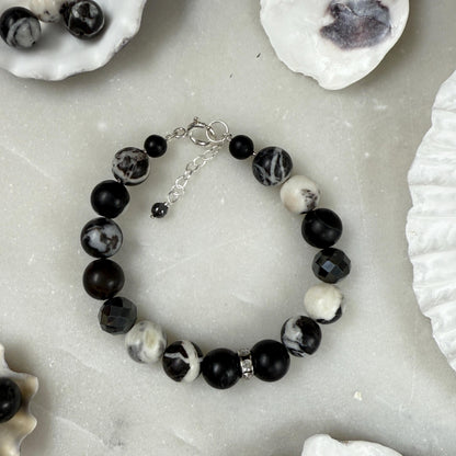 Zebra Jasper Hematite Beaded Bracelet in Sterling Silver