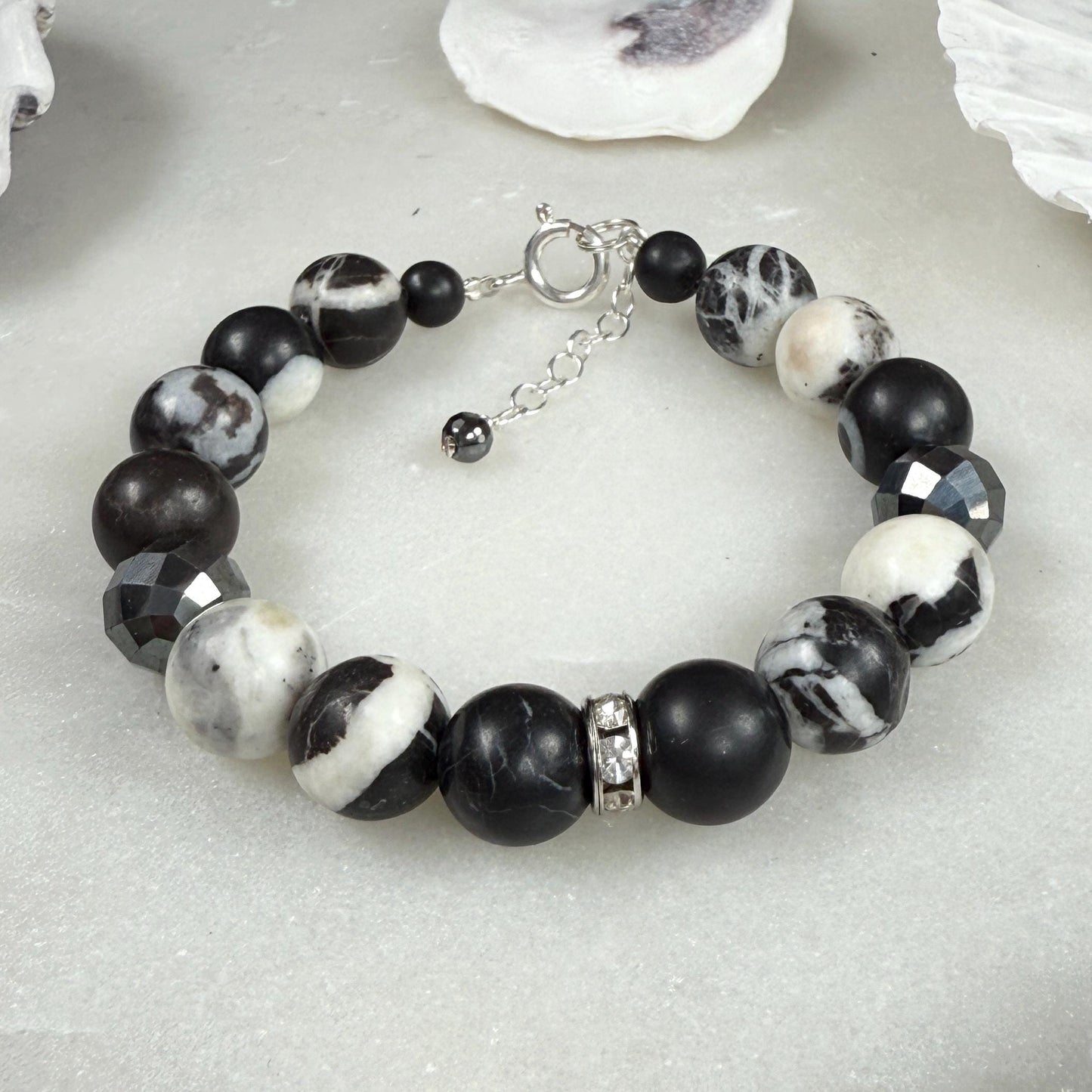 Zebra Jasper Hematite Beaded Bracelet in Sterling Silver