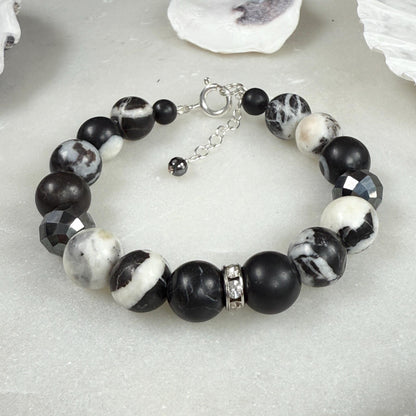 Zebra Jasper Hematite Beaded Bracelet in Sterling Silver