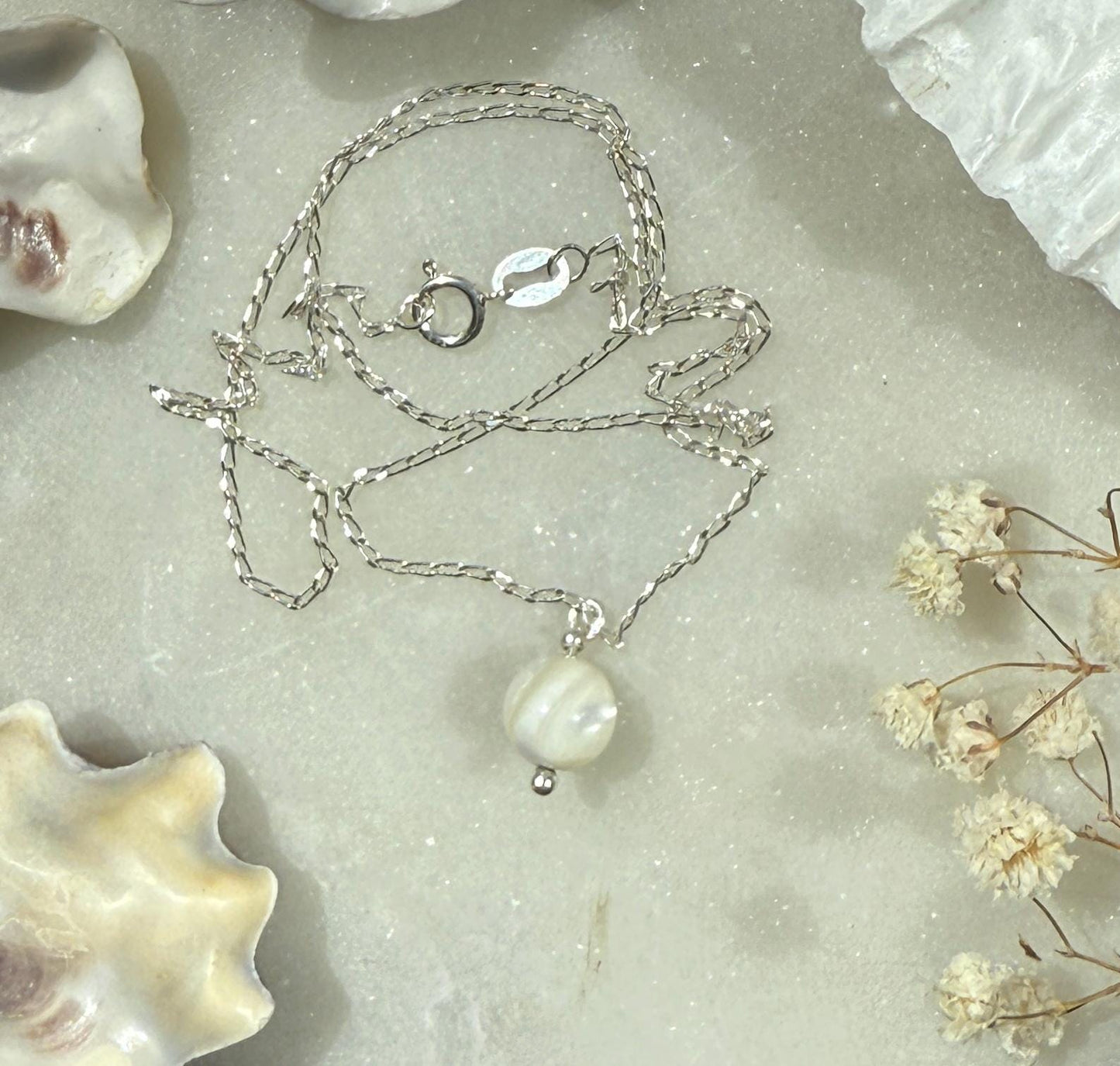 Mother of Pearl Pendant Silver Chain Necklace