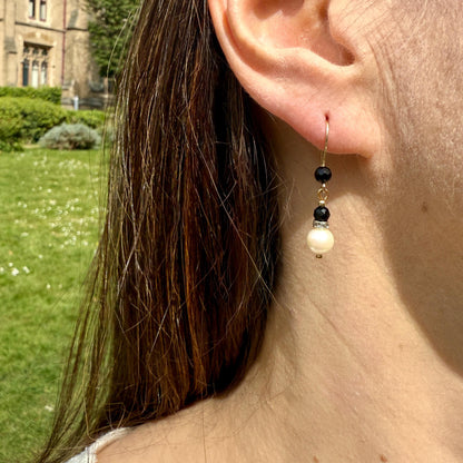 Pearl Drop Earrings: Gold Sterling Silver, Black Onyx Gemstone