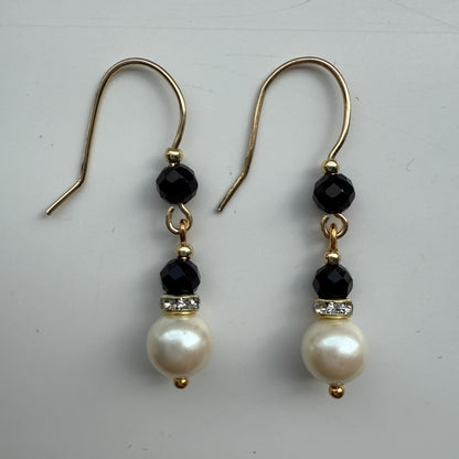 Pearl Drop Earrings: Gold Sterling Silver, Black Onyx Gemstone