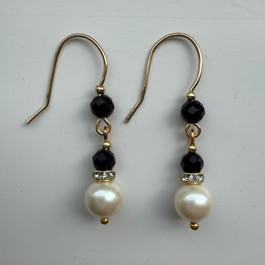 Pearl Drop Earrings: Gold Sterling Silver, Black Onyx Gemstone