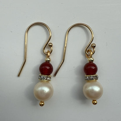 Red Agate Pearl Gold Earrings: Beaded Gemstone Jewelry