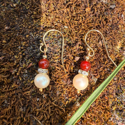 Red Agate Pearl Gold Earrings: Beaded Gemstone Jewelry