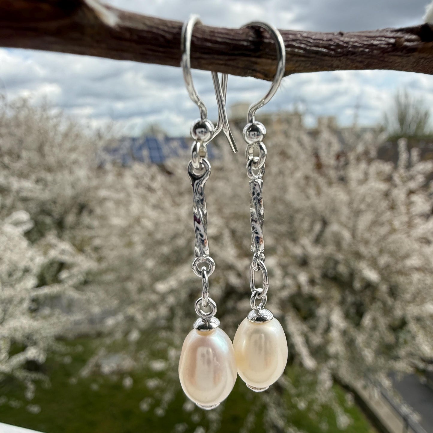 Freshwater Pearl Long Drop Earrings: Sterling Silver Bridal Jewelry