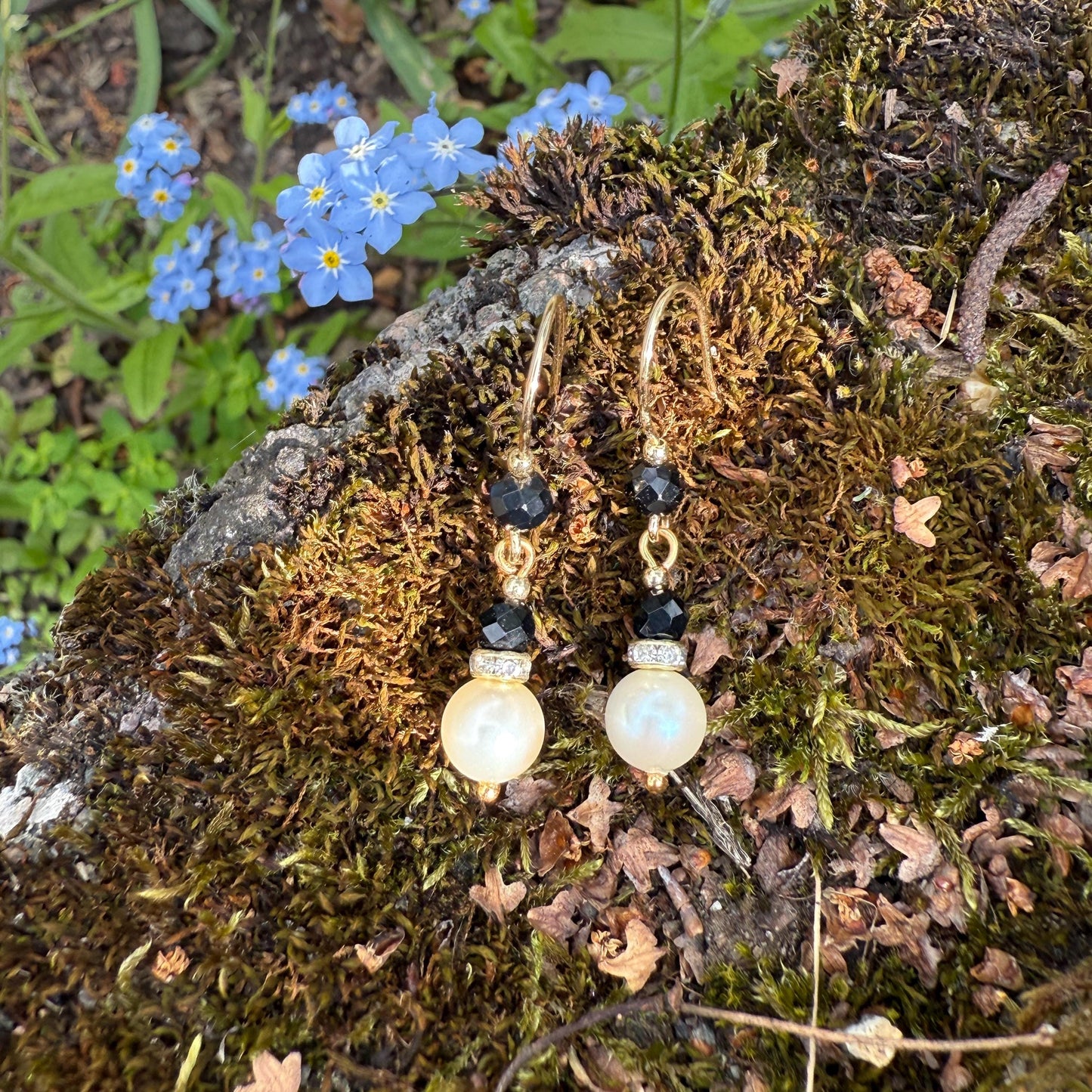 Pearl Drop Earrings: Gold Sterling Silver, Black Onyx Gemstone