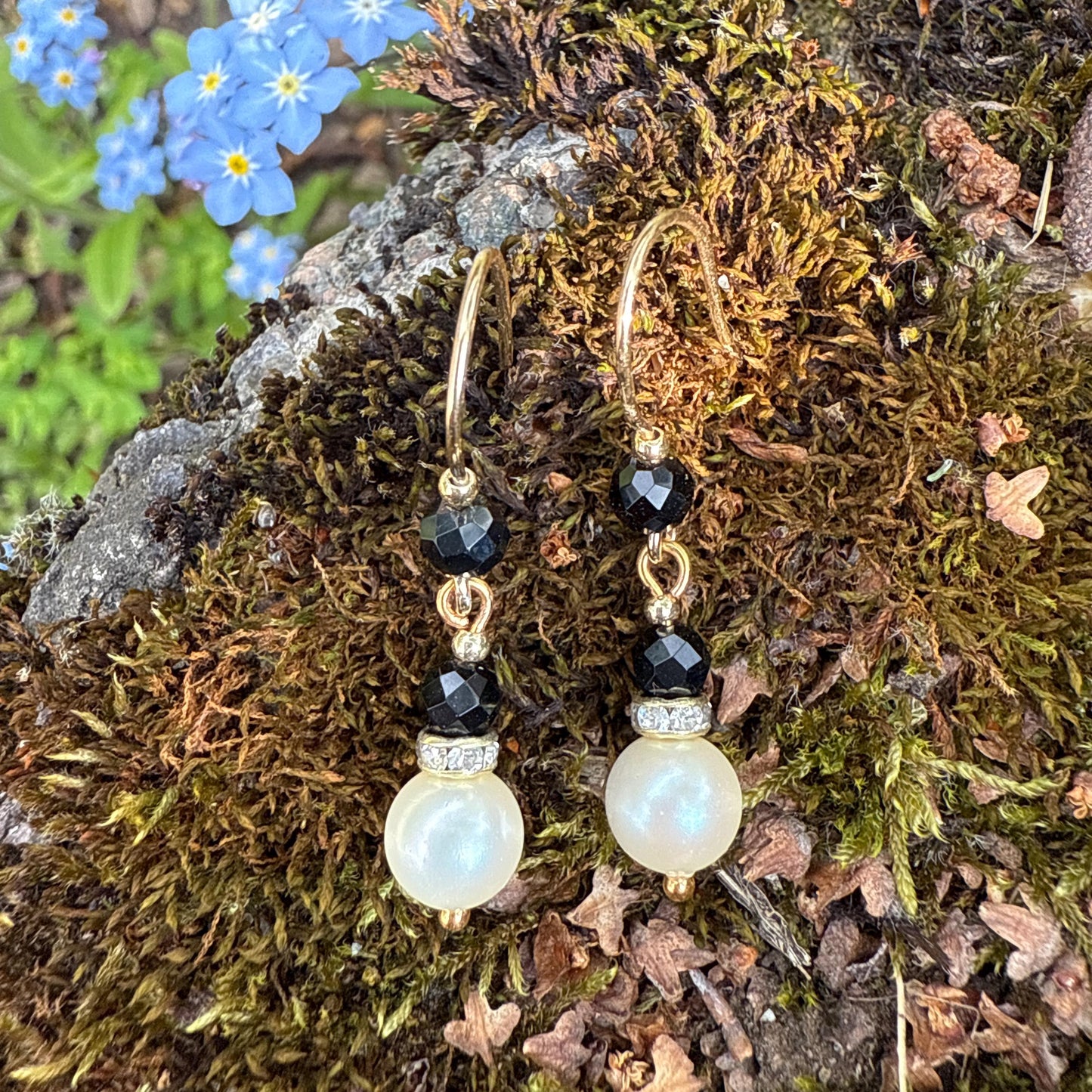 Pearl Drop Earrings: Gold Sterling Silver, Black Onyx Gemstone