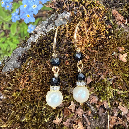Pearl Drop Earrings: Gold Sterling Silver, Black Onyx Gemstone