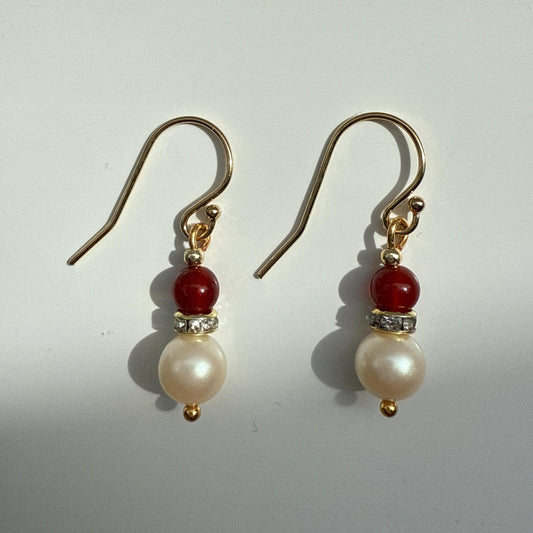 Red Agate Pearl Gold Earrings: Beaded Gemstone Jewelry