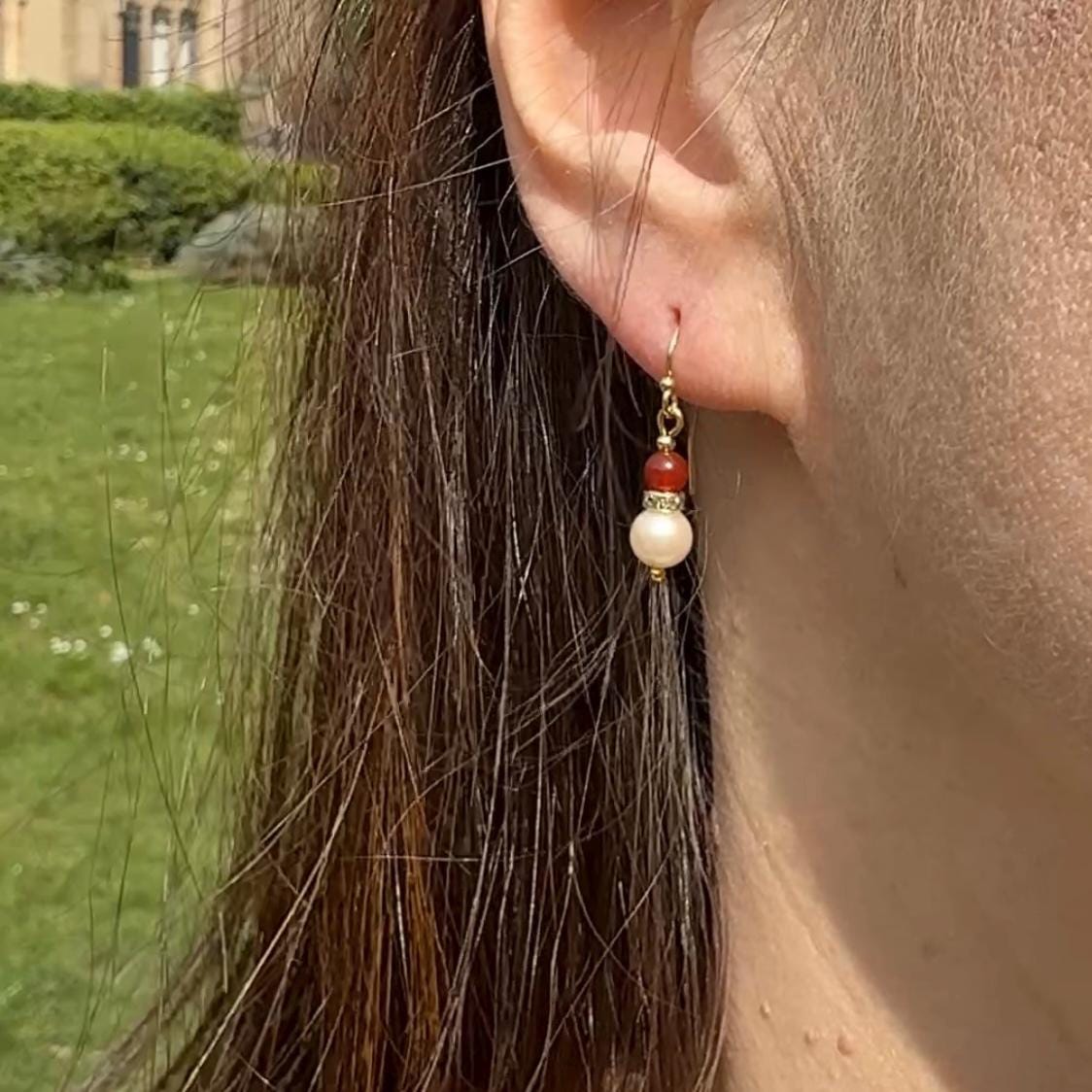 Red Agate Pearl Gold Earrings: Beaded Gemstone Jewelry