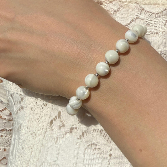 Sterling Silver Mother of Pearl Bead Bracelet: Bridal Jewelry