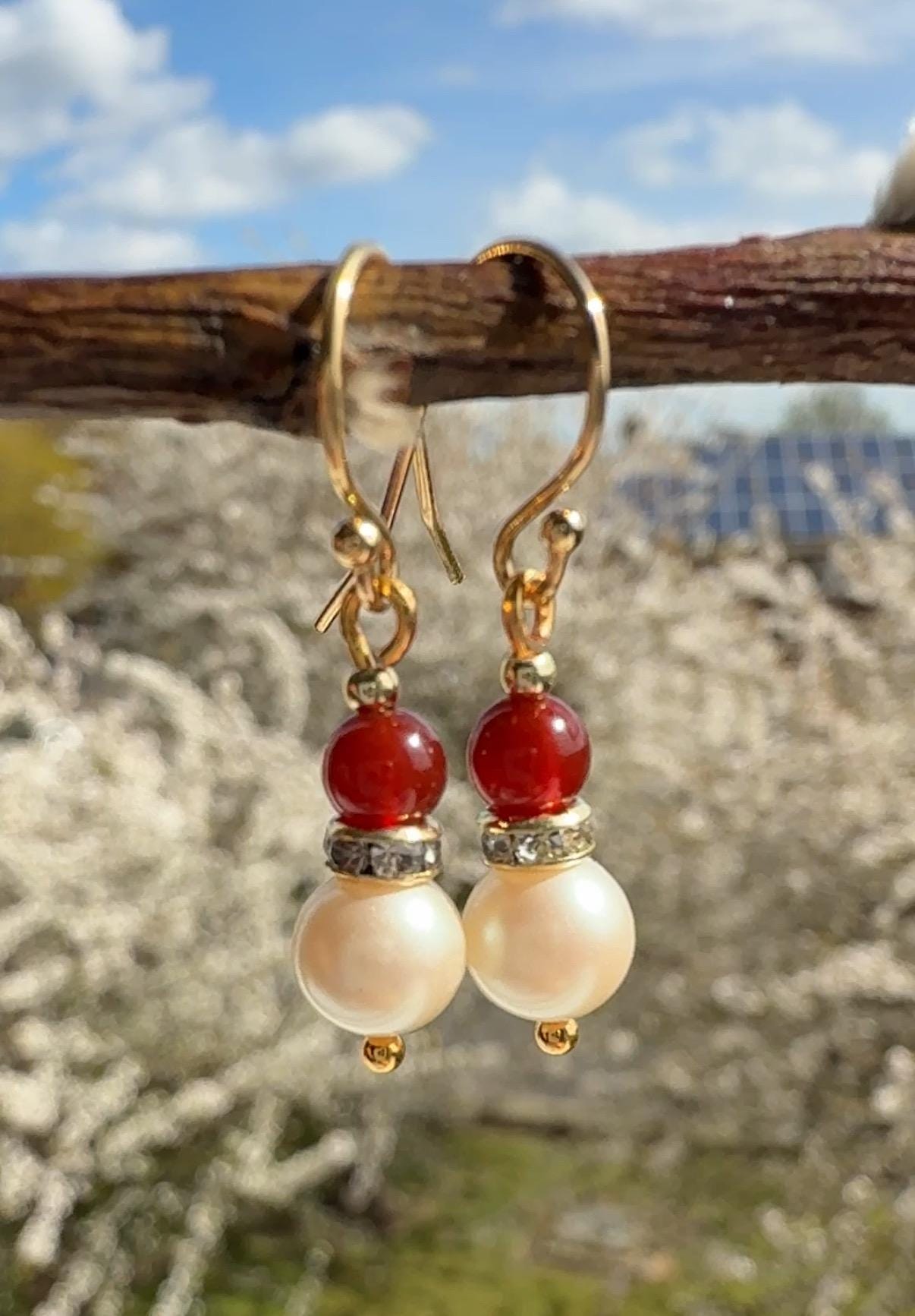 Red Agate Pearl Gold Earrings: Beaded Gemstone Jewelry
