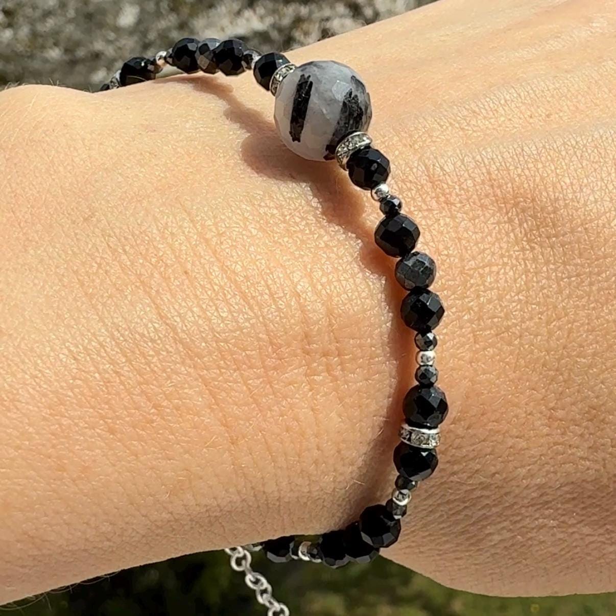 Onyx Hematite Beaded Charm Bracelet with Tourmaline in Silver