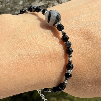 Onyx Hematite Beaded Charm Bracelet with Tourmaline in Silver
