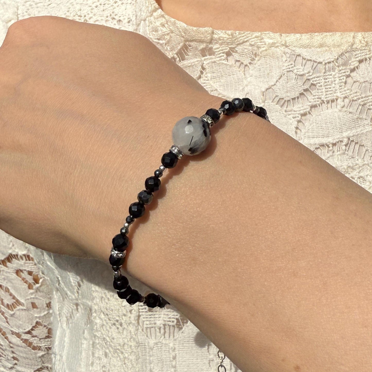 Onyx Hematite Beaded Charm Bracelet with Tourmaline in Silver