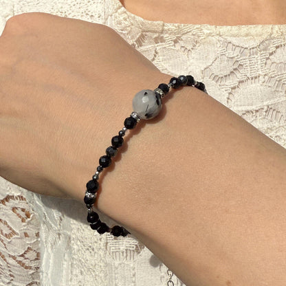 Onyx Hematite Beaded Charm Bracelet with Tourmaline in Silver