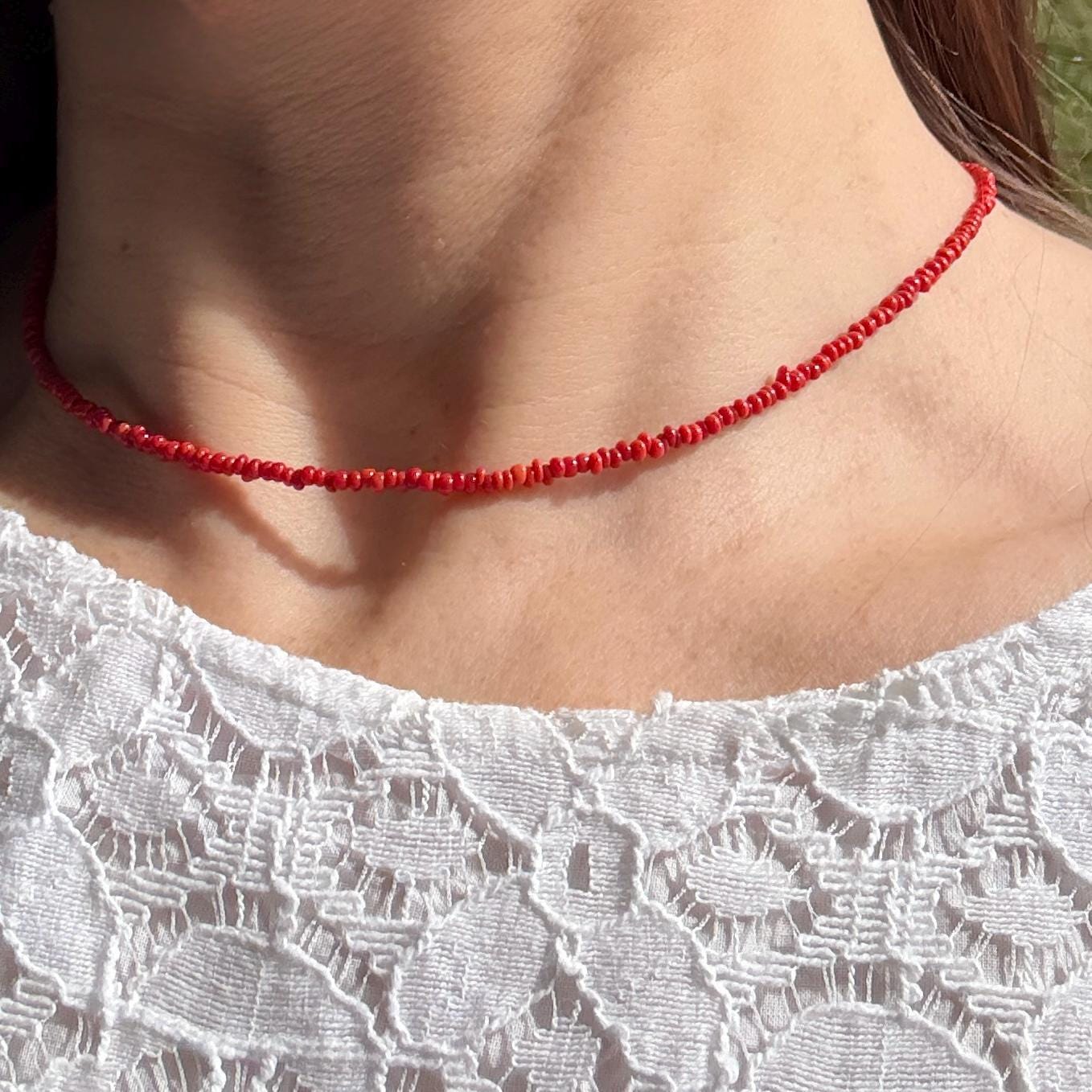 Coral Choker Necklace, Tiny Silver Minimalist Necklace