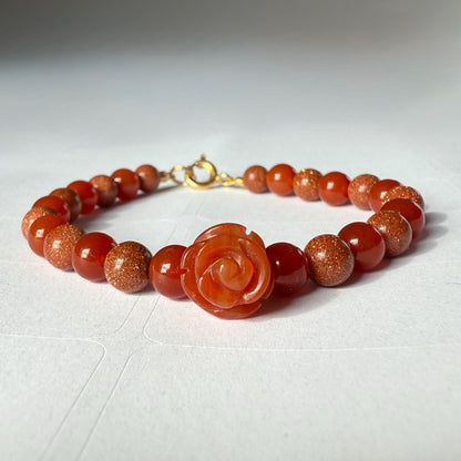 Agate Red Rose Charm Bracelet, Carnelian Goldstone Gemstone