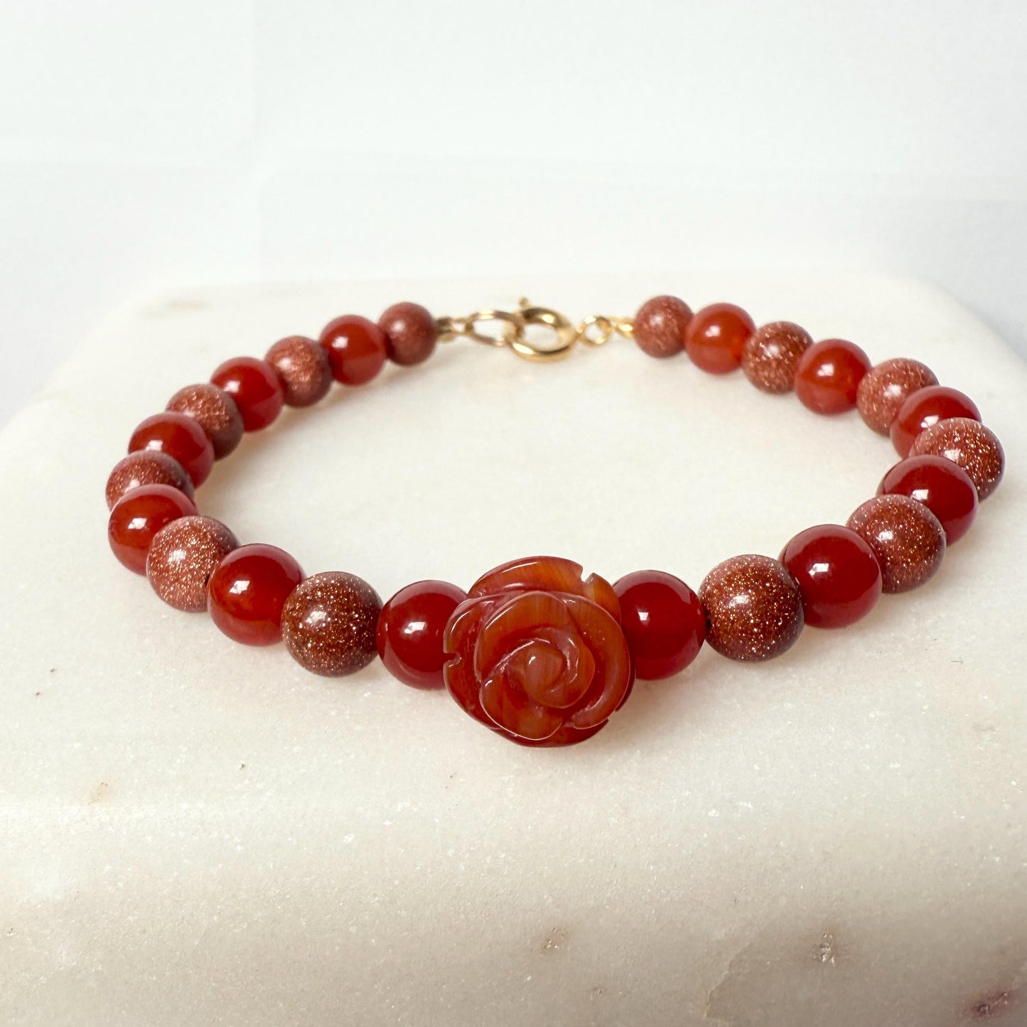 Agate Red Rose Charm Bracelet, Carnelian Goldstone Gemstone