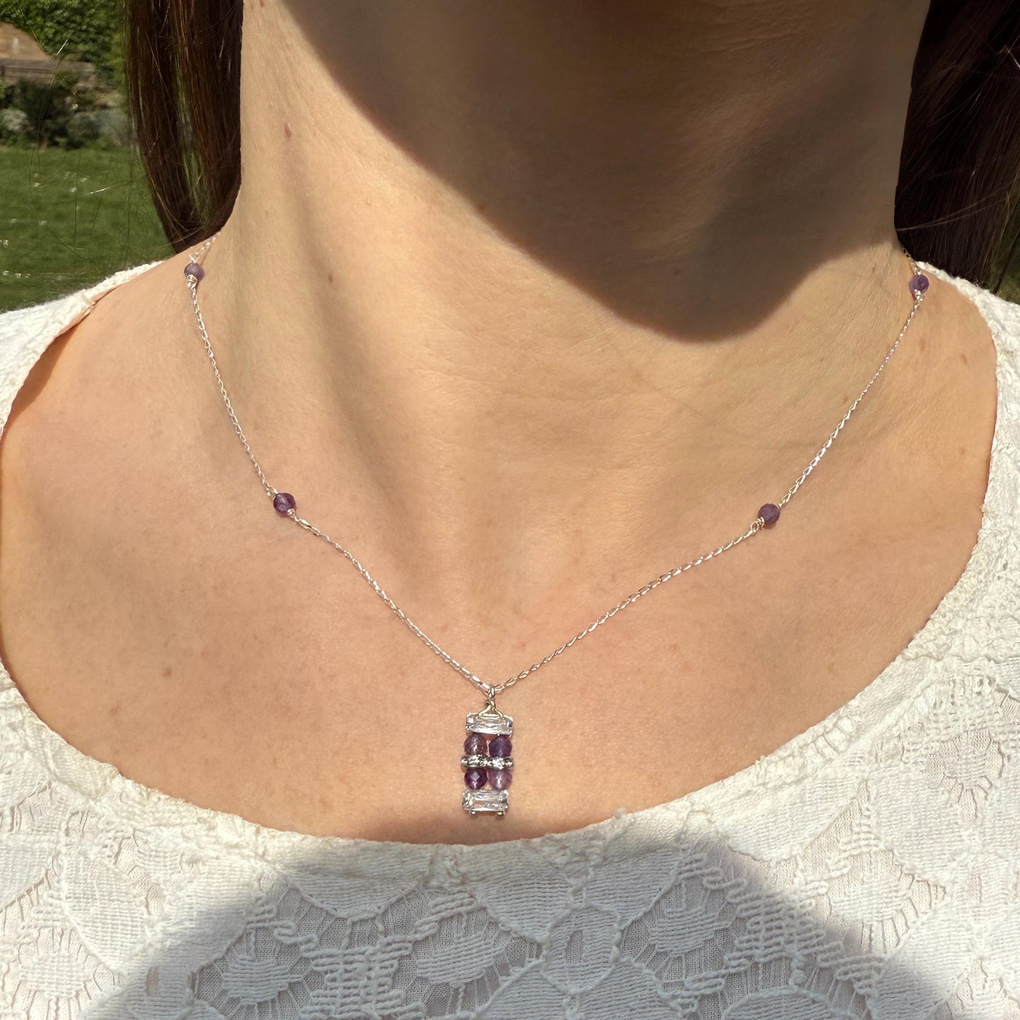 Purple Amethyst Necklace, Minimalist Silver Pendant Chain Choker Necklace