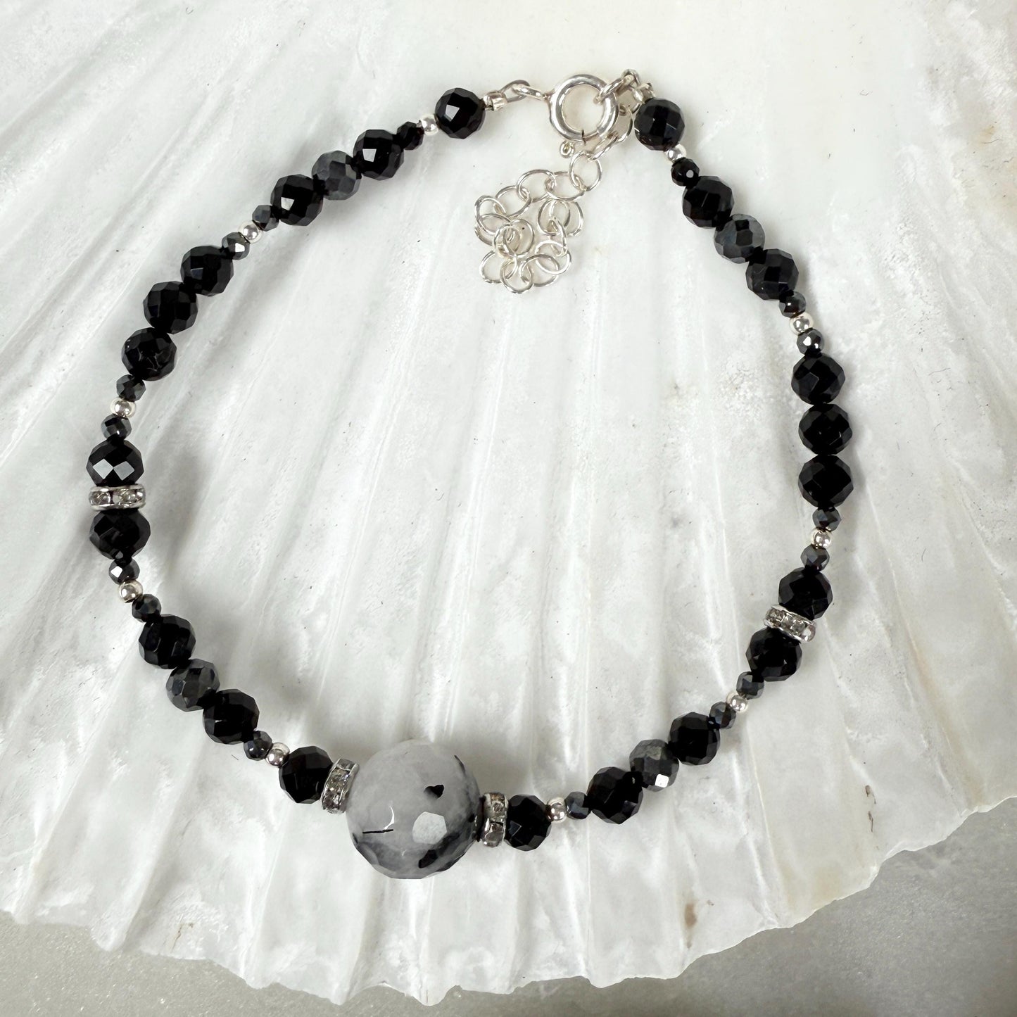Onyx Hematite Beaded Charm Bracelet with Tourmaline in Silver