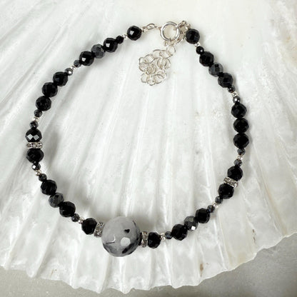 Onyx Hematite Beaded Charm Bracelet with Tourmaline in Silver
