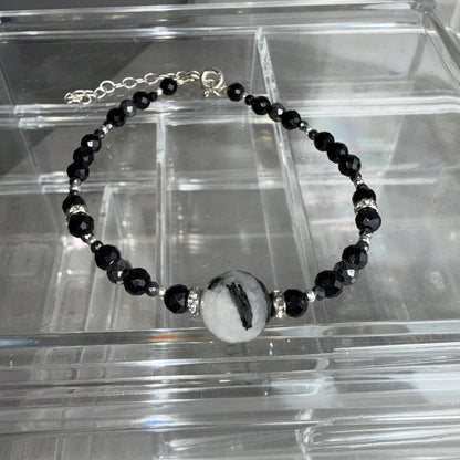 Onyx Hematite Beaded Charm Bracelet with Tourmaline in Silver