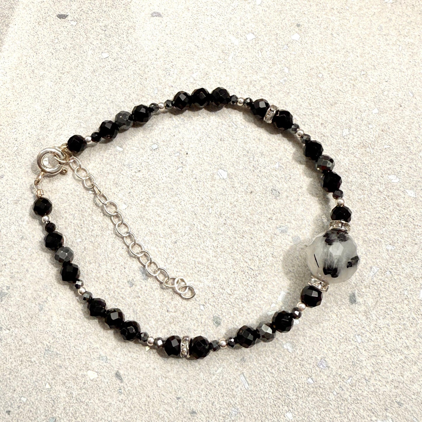 Onyx Hematite Beaded Charm Bracelet with Tourmaline in Silver