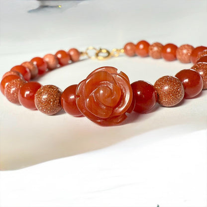 Agate Red Rose Charm Bracelet, Carnelian Goldstone Gemstone