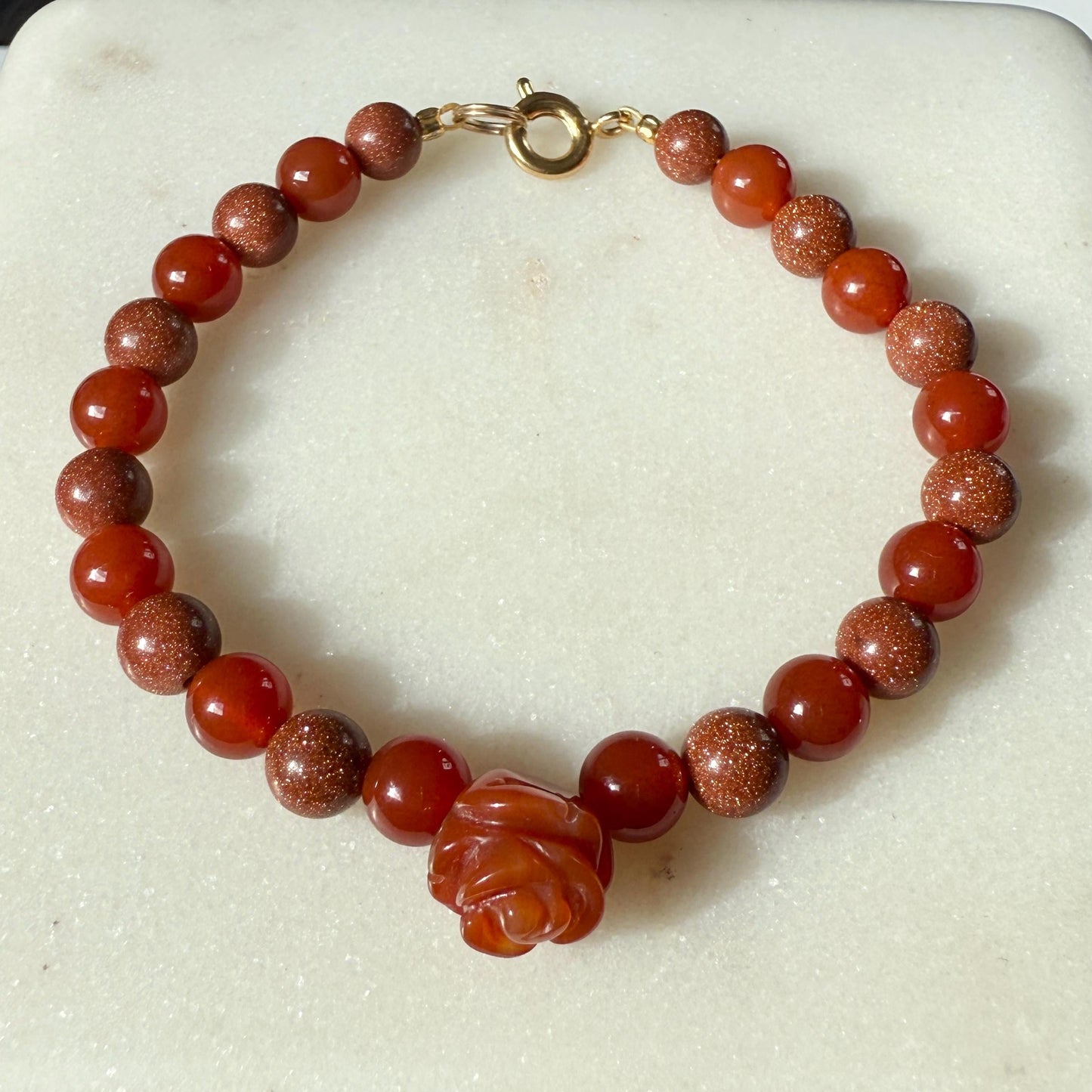 Agate Red Rose Charm Bracelet, Carnelian Goldstone Gemstone