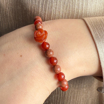 Agate Red Rose Charm Bracelet, Carnelian Goldstone Gemstone