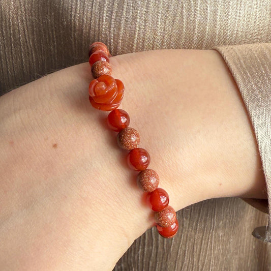 Agate Red Rose Charm Bracelet, Carnelian Goldstone Gemstone