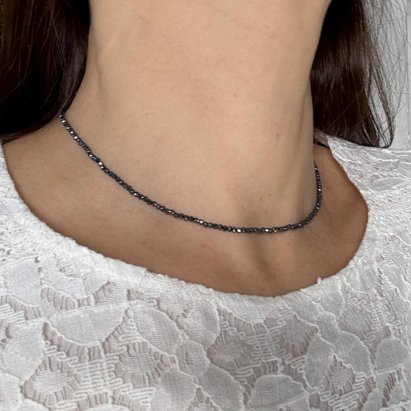 Dainty Hematite Choker Necklace, Minimalist Delicate Silver Necklace