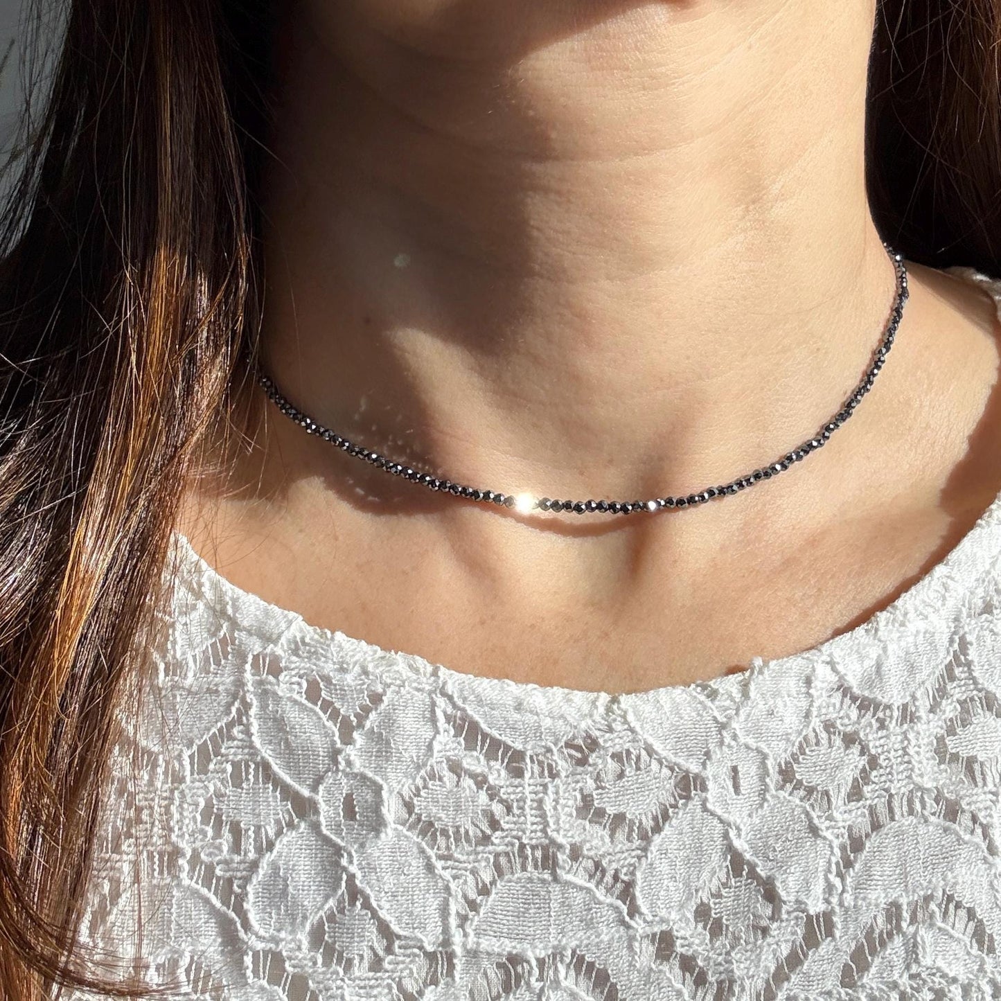 Dainty Hematite Choker Necklace, Minimalist Delicate Silver Necklace