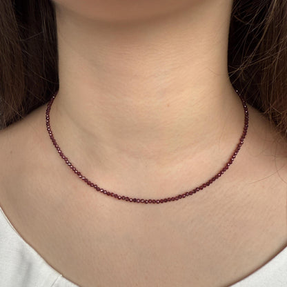 Garnet Choker Necklace, Tiny Beaded Birthstone Necklace with Silver Chain