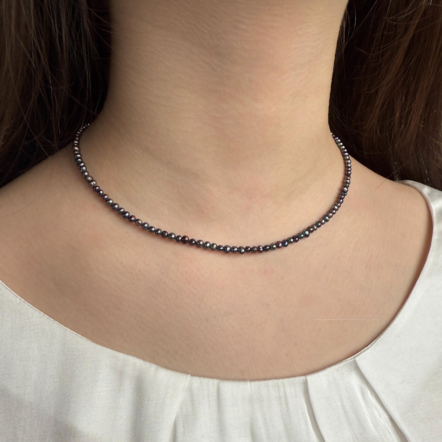 Dainty Pearl Necklace, Black Choker Beaded Birthstone Necklace with Silver Chain