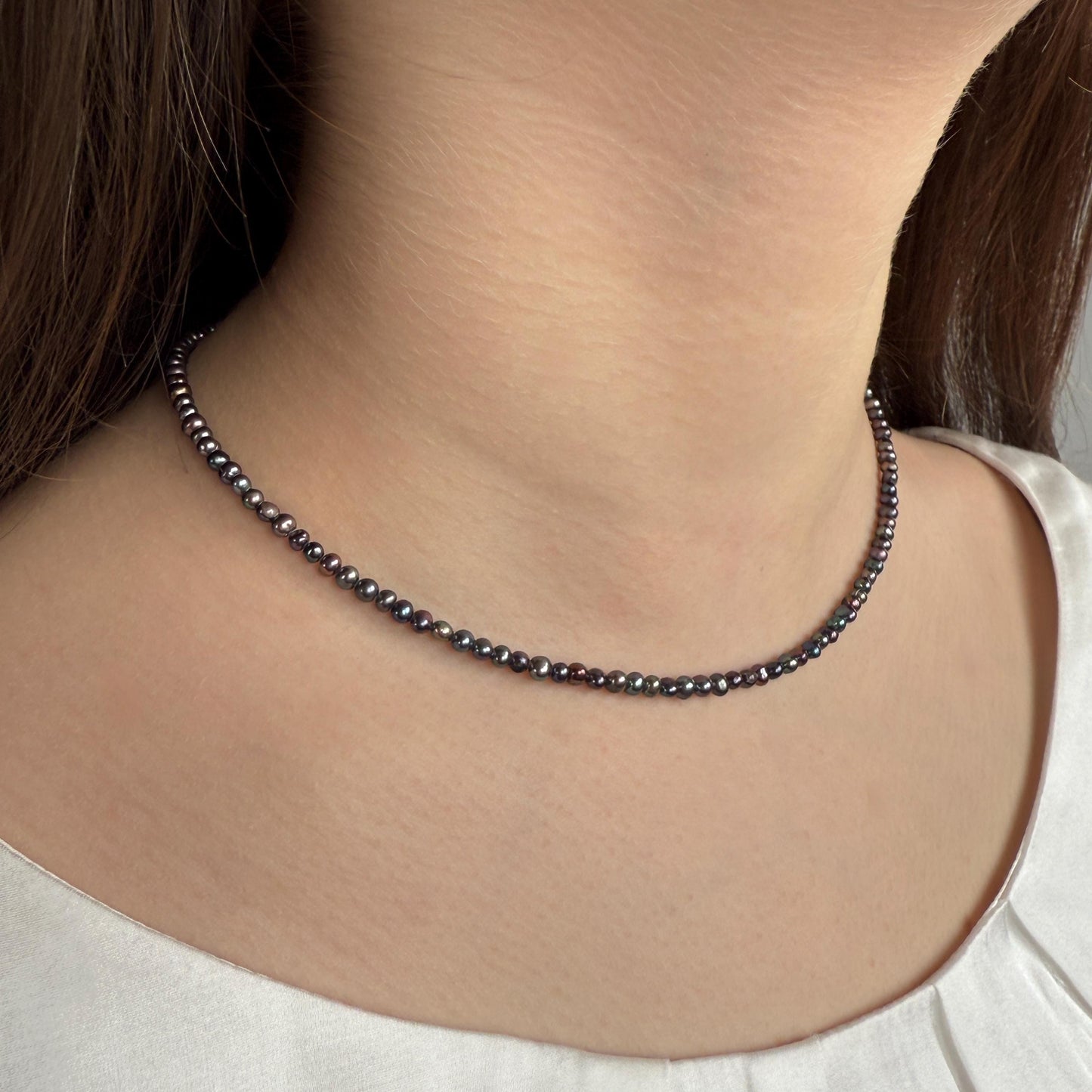 Dainty Pearl Necklace, Black Choker Beaded Birthstone Necklace with Silver Chain
