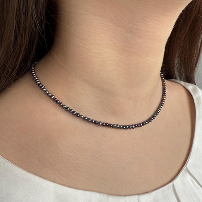 Dainty Pearl Necklace, Black Choker Beaded Birthstone Necklace with Silver Chain