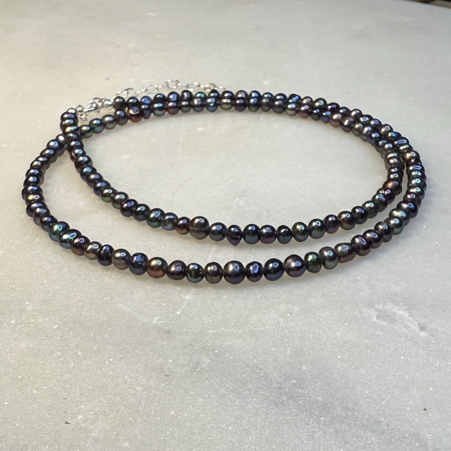 Dainty Pearl Necklace, Black Choker Beaded Birthstone Necklace with Silver Chain