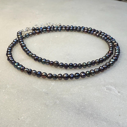Dainty Pearl Necklace, Black Choker Beaded Birthstone Necklace with Silver Chain