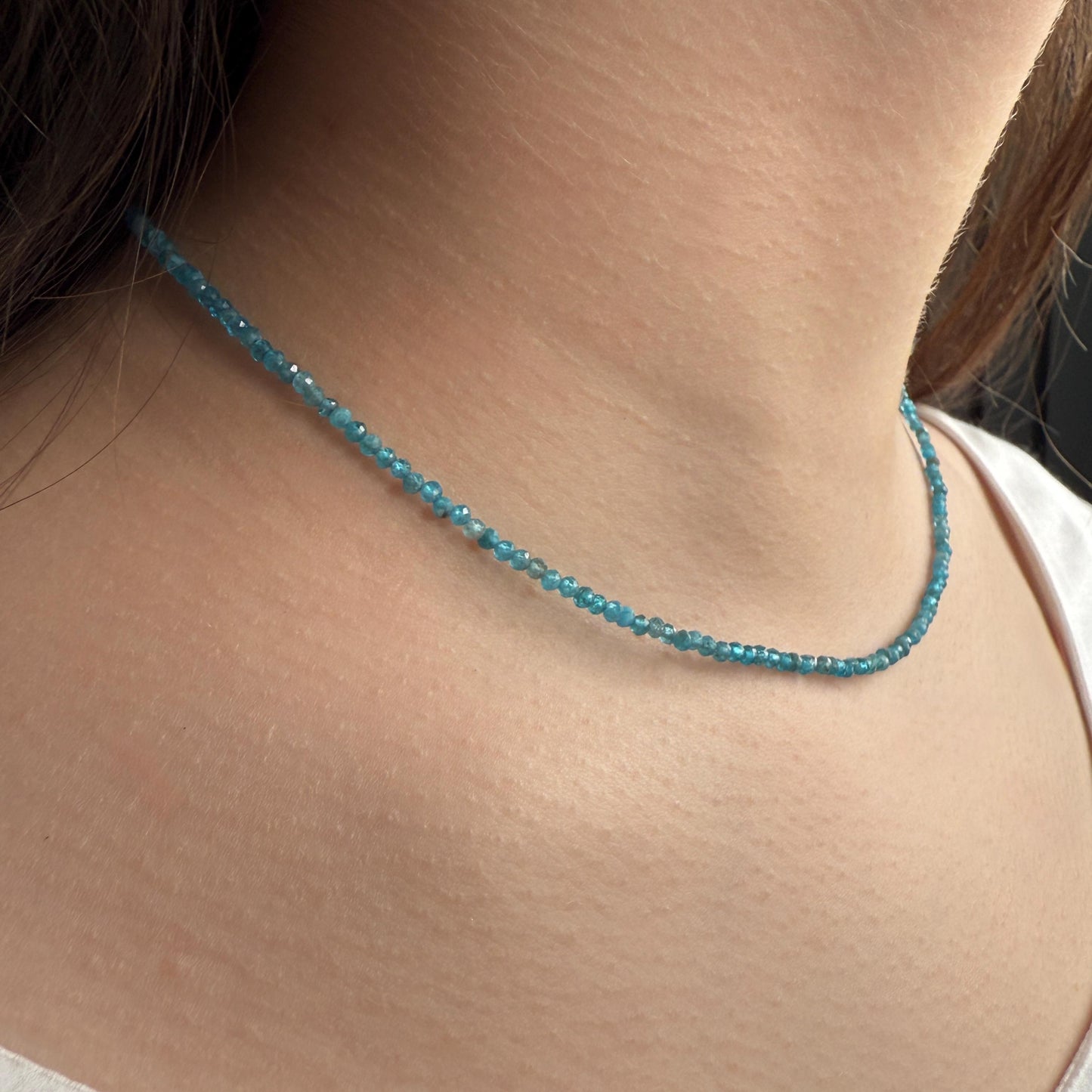 Blue Apatite Choker Necklace, Tiny Beaded Birthstone Necklace